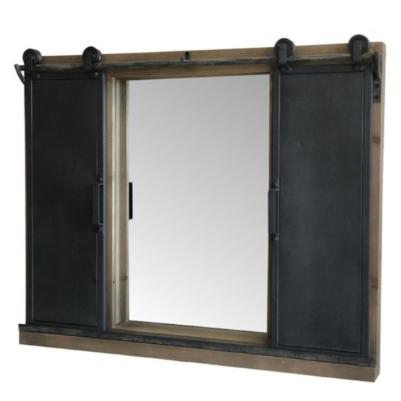 Miroir "Portes Coulissantes" sur Roulettes de Style Industriel en Bois et métal