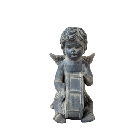 Statuette ange tambour en béton gris 22 x 15.5 x 23 cm