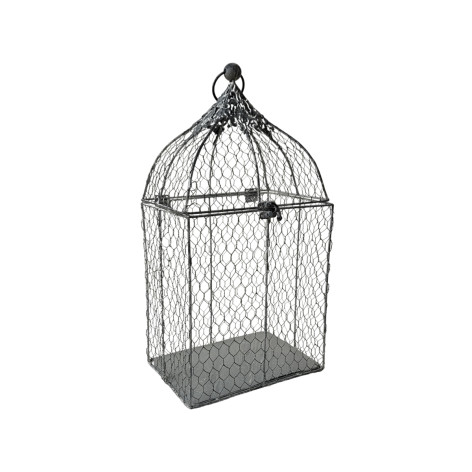 Cage à oiseaux bougeoir grillagée en métal gris 23 x 17 x 45 cm