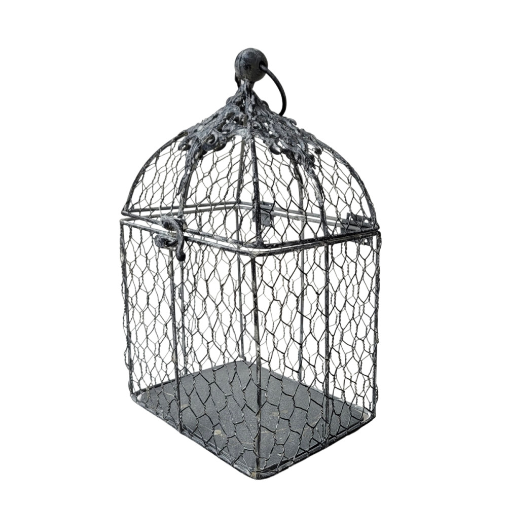 Cage à oiseaux bougeoir grillagée en métal gris 17.5 x 13.5 x 28.5 cm