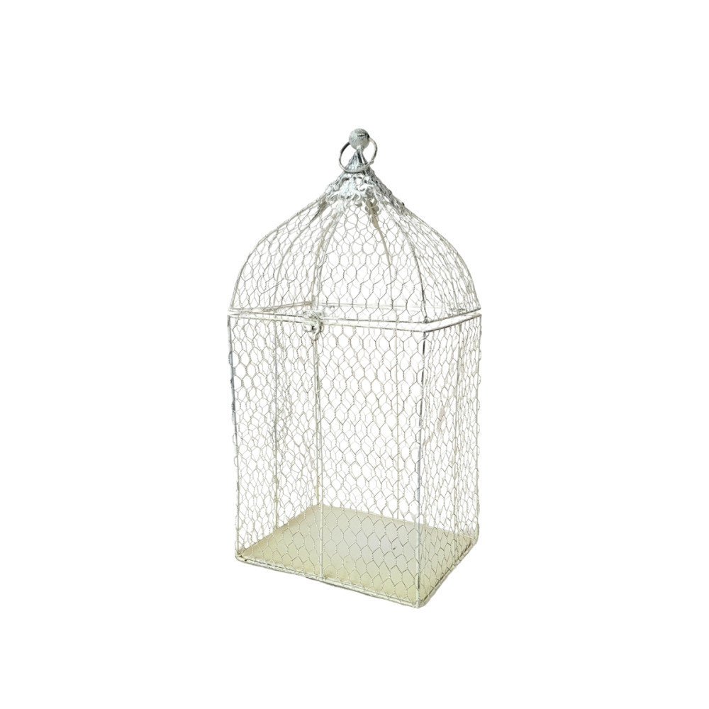 Cage à oiseaux bougeoir grillagée en métal blanc vieilli 19 x 25.5 x 52 cm