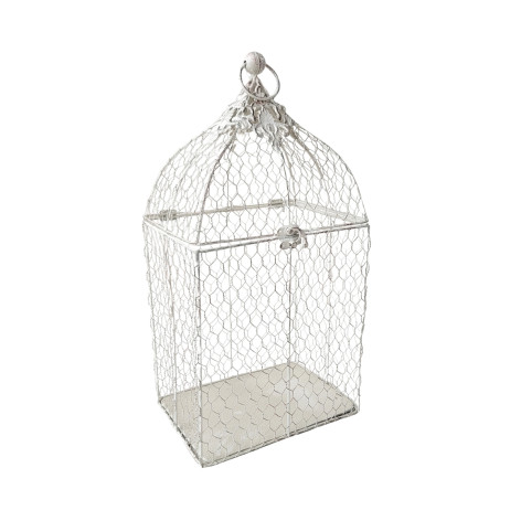 Cage à oiseaux bougeoir grillagée en métal blanc vieilli