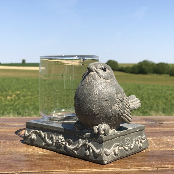 Bougeoir oiseau en résine anthracite et verre 12 x 8 x 10 cm