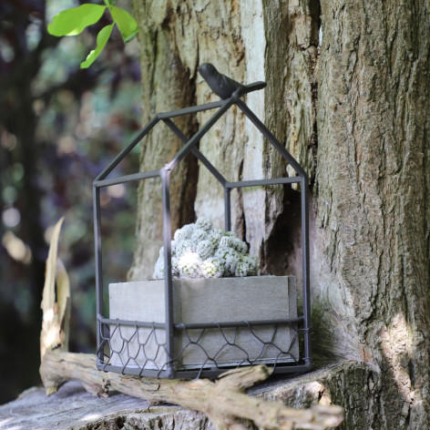 Jardinière carrée «Maisonnette et oiseau» en bois et métal