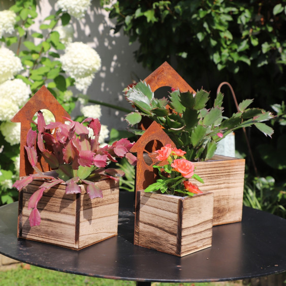 Set de 3 jardinières en bois et métal marron Ht.20-25-30 cm