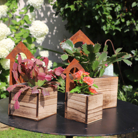 Set de 3 Jardinières carrées en bois avec décor "Cabane à Oiseaux" en métal rouillé