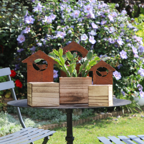 Set de 3 Jardinières carrées en bois avec décor "Cabane à Oiseaux" en métal rouillé