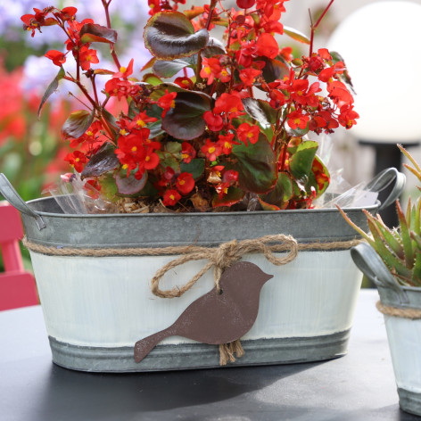 Set de 3 jardinières ovales avec poignées en métal et oiseau suspendu