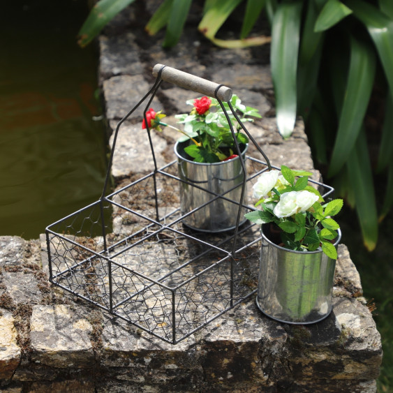 Panier grillagé avec 6 pots en zinc et anse en bois