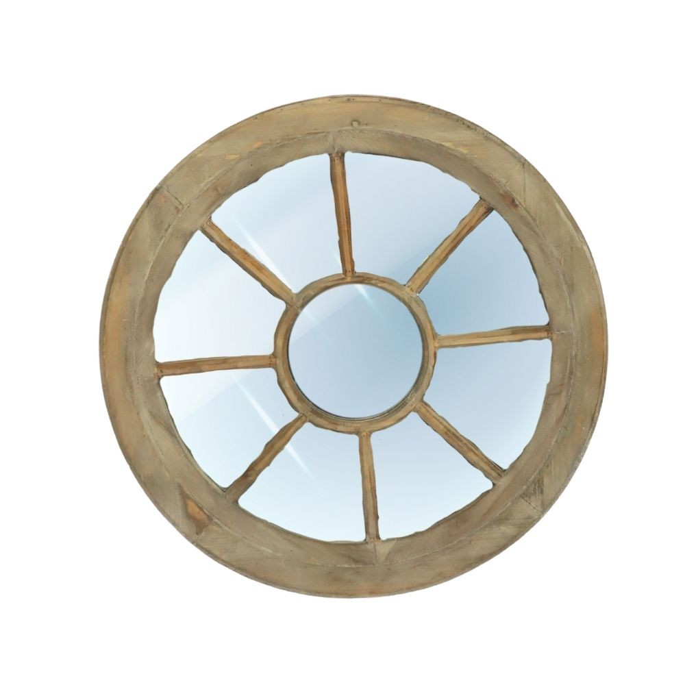 Miroir mural rond en bois forme soleil marron