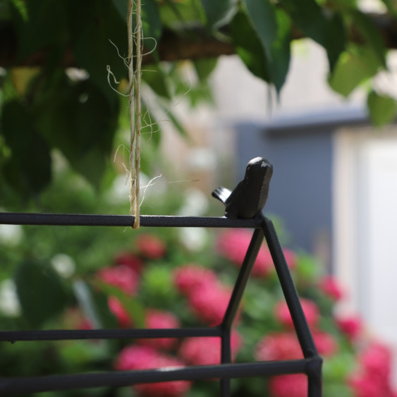 Jardinière carrée «Maisonnette et oiseau» en bois et métal