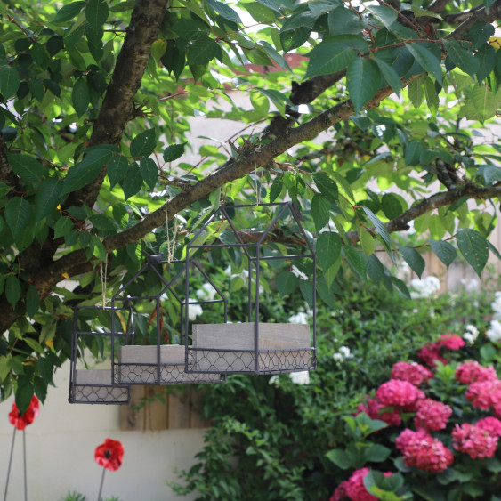 Jardinière carrée «Maisonnette et oiseau» en bois et métal