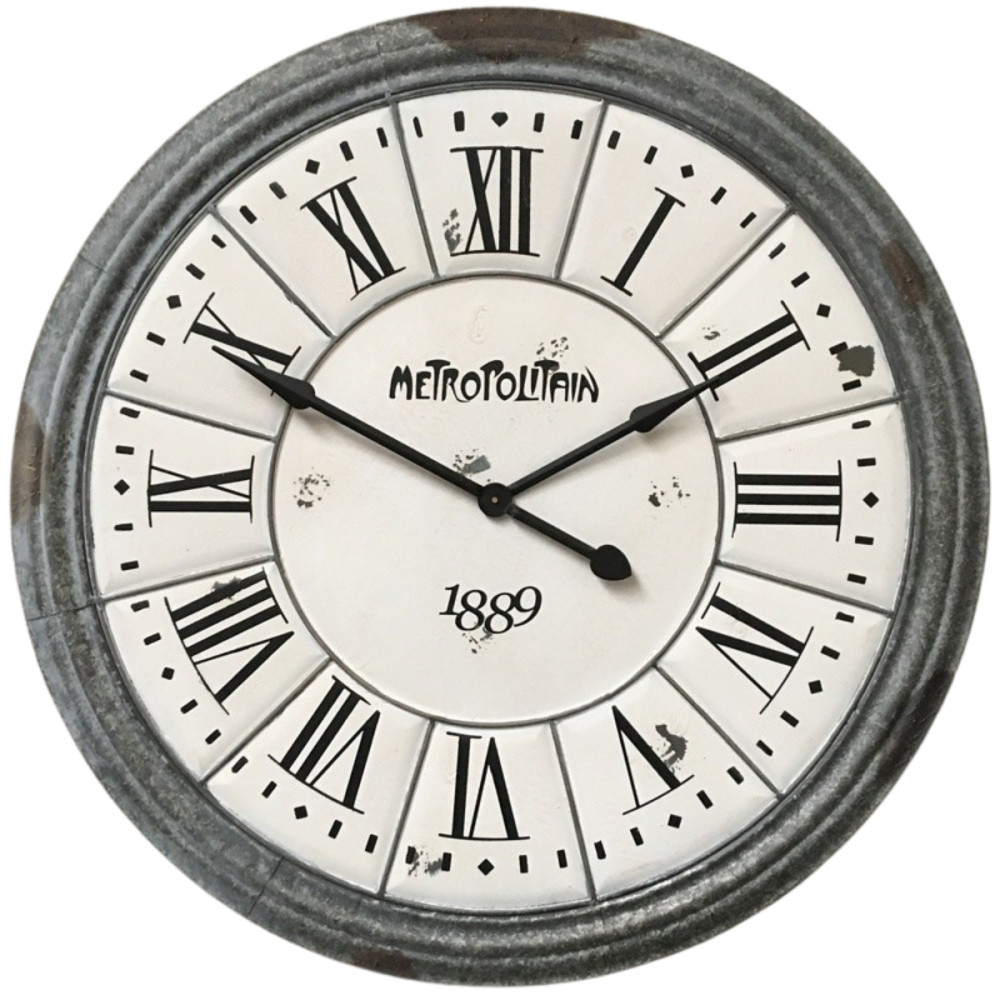 Horloge antique en métal et bois blanc et gris Ø.100 cm