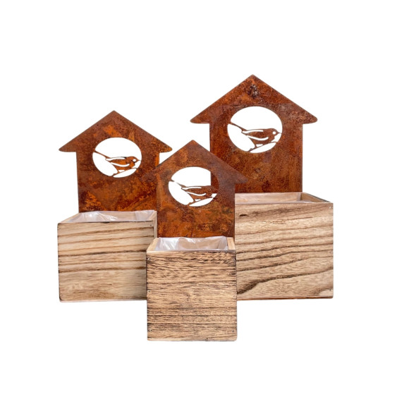 Set de 3 jardinières en bois et métal marron Ht.20-25-30 cm