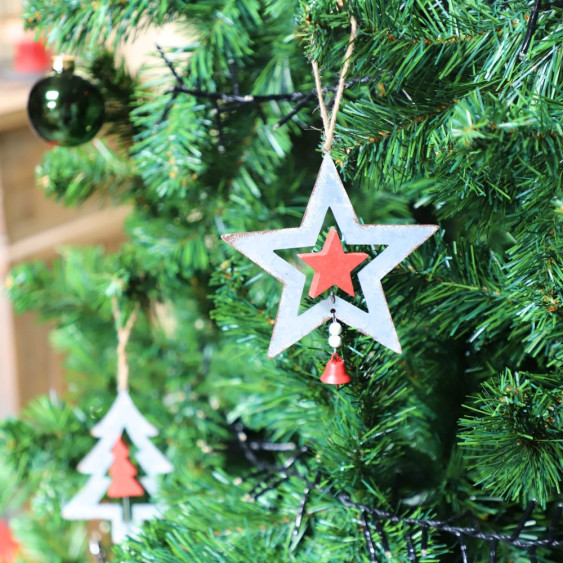 Ensemble d'un Sapin et d'une étoile en zinc gris et rouge à suspendre par une cordelette