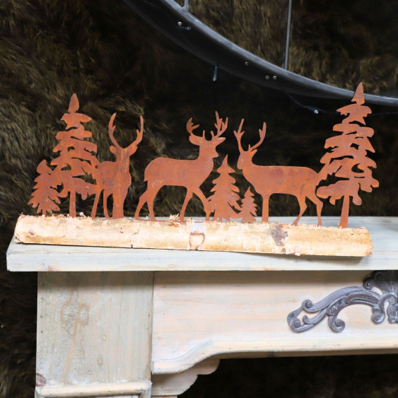 Scène de Forêt en métal rouillé fixé sur un rondin de bois (cerf et sapin)