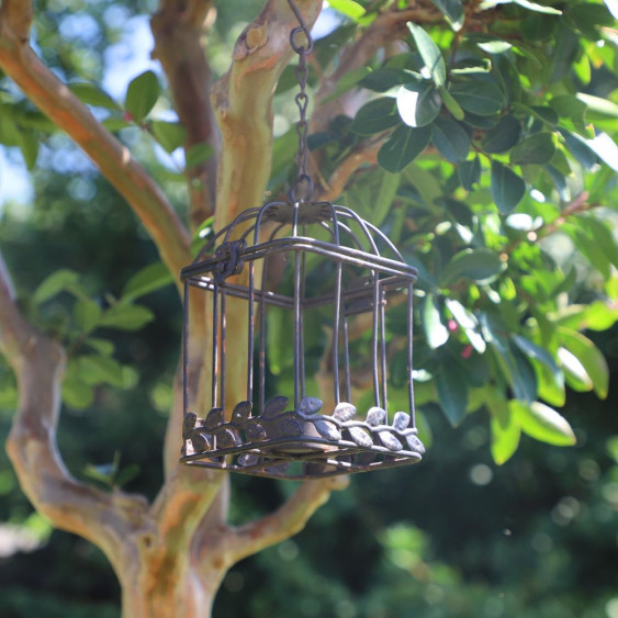 Cage à oiseaux bougeoir à suspendre en métal marron