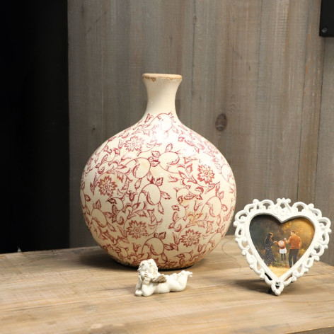 Jarre vase en céramique beige et bordeaux 27 x 17.5 x 33 cm