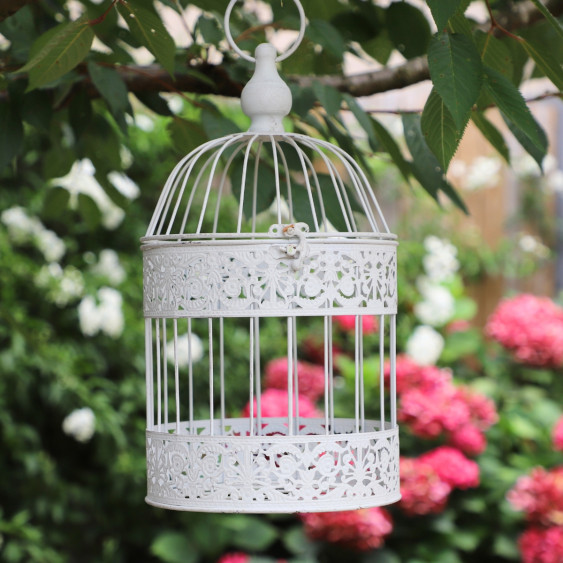 Cage à oiseaux bougeoir en métal blanc vieilli