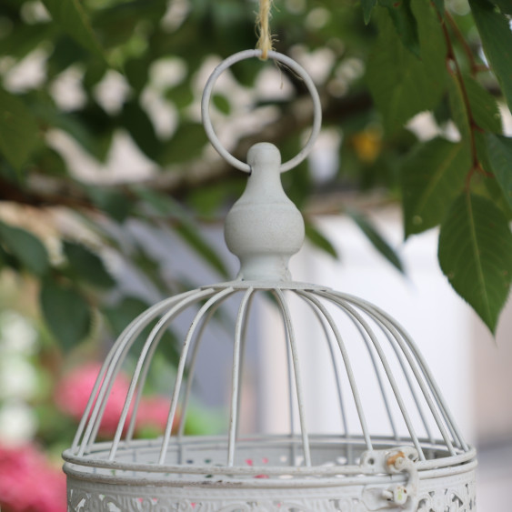 Cage à oiseaux bougeoir en métal blanc vieilli