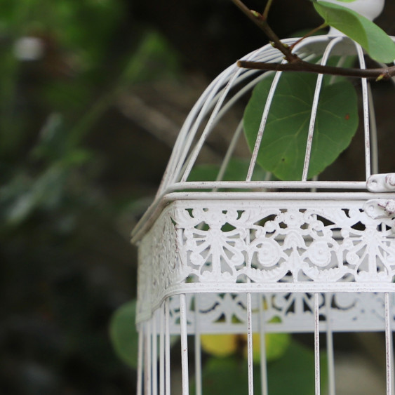 Cage à oiseaux bougeoir en métal blanc vieilli