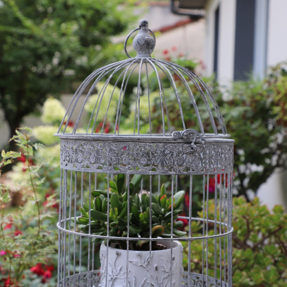 Cage à oiseaux bougeoir ronde en métal gris vieilli