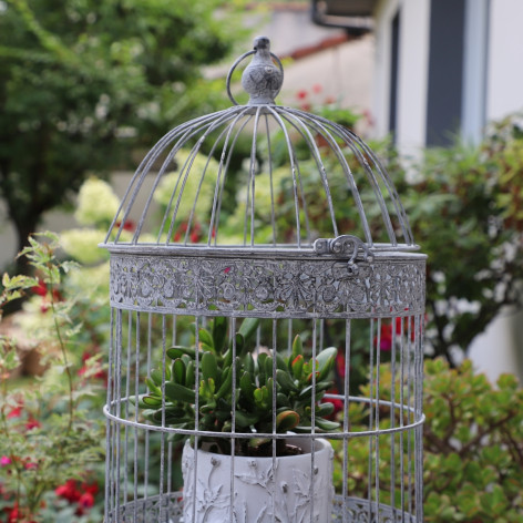 Cage à oiseaux bougeoir ronde en métal gris vieilli Ø.30 x 53 cm