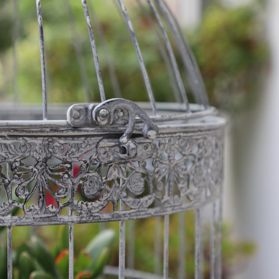 Cage à oiseaux bougeoir ronde en métal gris vieilli