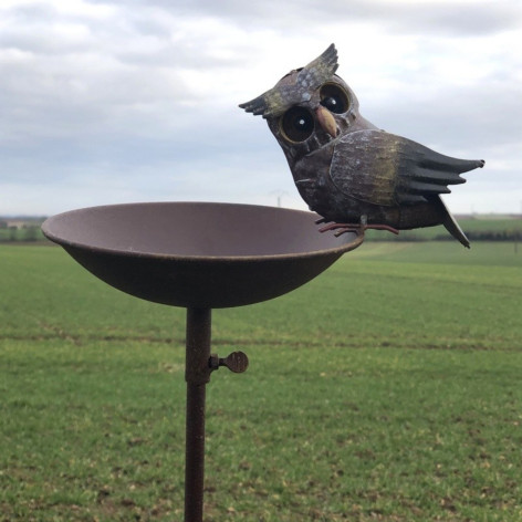 Bain d'oiseau hibou en métal marron jaune et noir Ht.115 cm