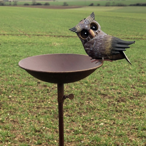 Bain d'oiseau hibou en métal marron jaune et noir Ht.115 cm