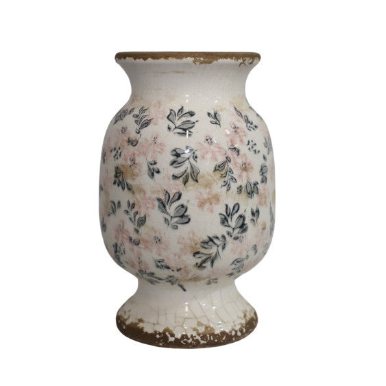 Vase en céramique émaillée "Fleurs bleues et rose" Ø.13 x 21 cm