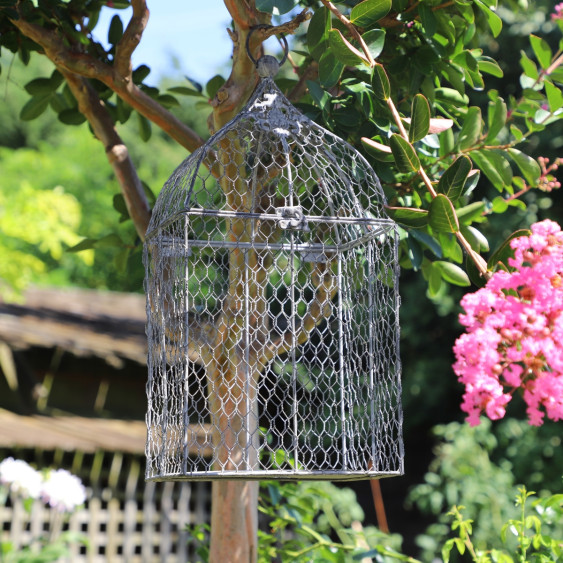 Cage à oiseaux bougeoir grillagée en métal gris 23 x 17 x 45 cm