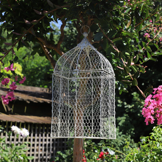 Cage à oiseaux bougeoir grillagée en métal blanc vieilli