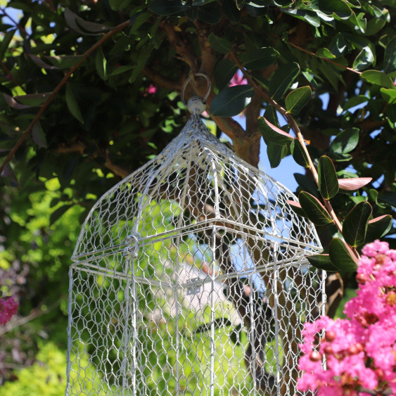 Cage à oiseaux bougeoir grillagée en métal blanc vieilli