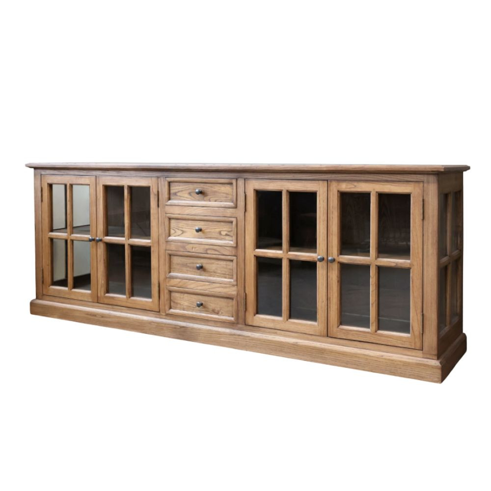 Vitrine 4 portes et 4 tiroirs en bois de peuplier marron et verre 220 x 45 x 80 cm