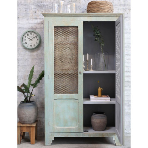 Armoire antique de lin en bois de pin bleu opale 113.5 x 44.5 x 184 cm