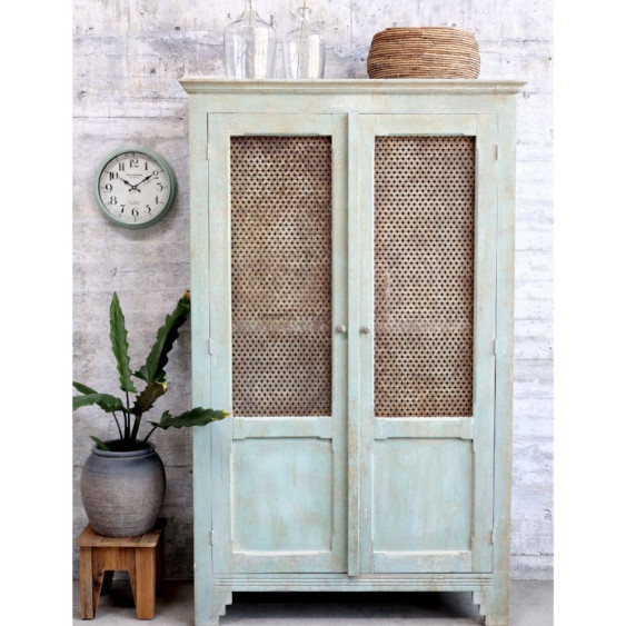 Armoire antique de lin en bois de pin bleu opale 113.5 x 44.5 x 184 cm