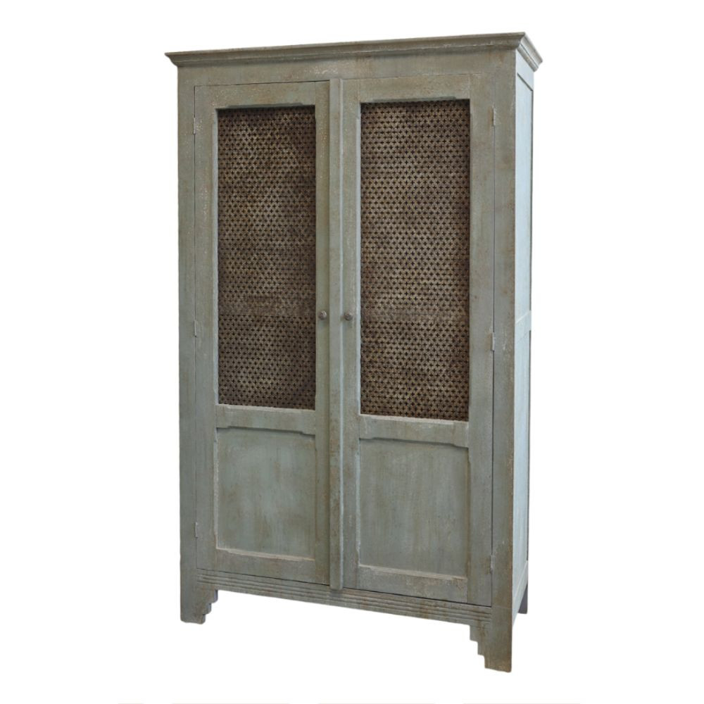 Armoire antique de lin en bois de pin bleu opale 113.5 x 44.5 x 184 cm