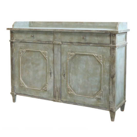 Buffet 2 portes en bois de pin bleu antique opale 142 x 43 x 104 cm