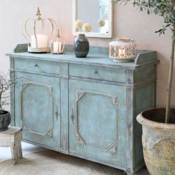 Buffet 2 portes en bois de pin bleu antique opale 142 x 43 x 104 cm