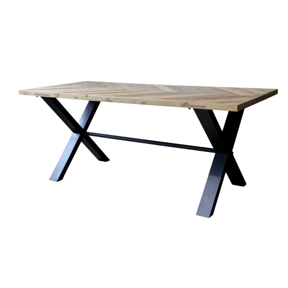 Table à manger motif à chevrons en bois de pin marron et fer forgé noir 200 x 90 x 77 cm