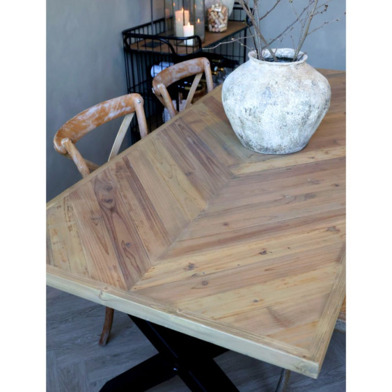 Table à manger motif à chevrons en bois de pin marron et fer forgé noir 200 x 90 x 77 cm