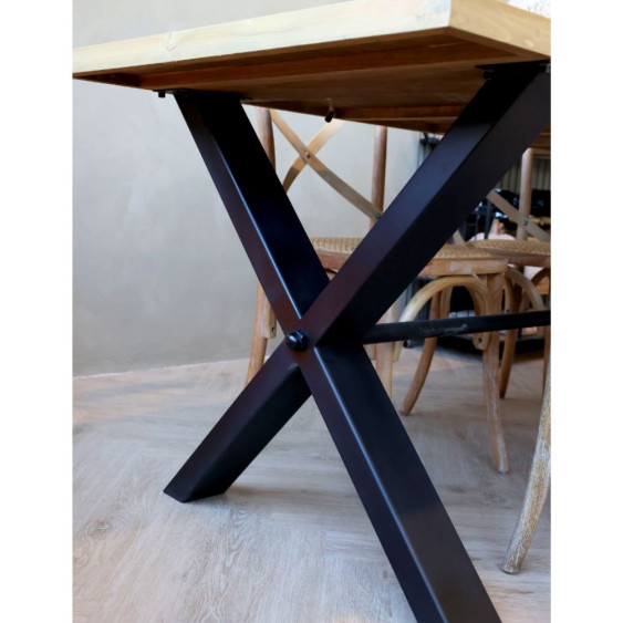 Table à manger motif à chevrons en bois de pin marron et fer forgé noir 200 x 90 x 77 cm