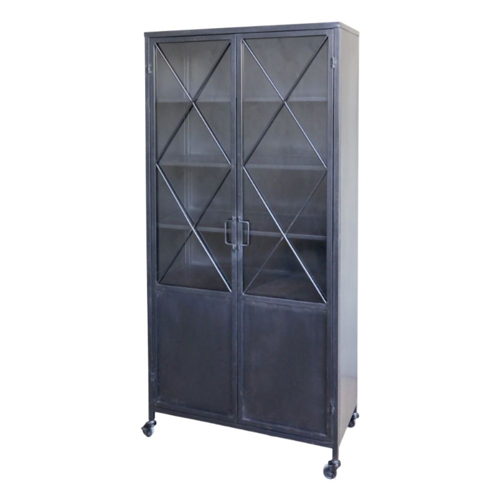 Armoire vitrine sur roues 2 portes en fer forgé noir antique 76 x 35.5 x 160 cm