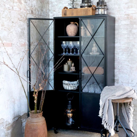 Armoire vitrine sur roues 2 portes en fer forgé noir antique 76 x 35.5 x 160 cm