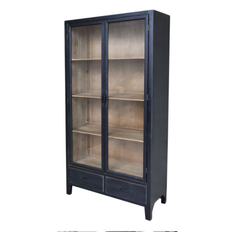 Armoire vitrine 2 portes en bois de sapin noir antique et verre 100 x 40 x 195 cm