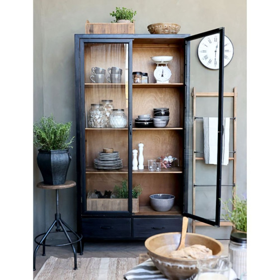 Armoire vitrine 2 portes en bois de sapin noir antique et verre 100 x 40 x 195 cm