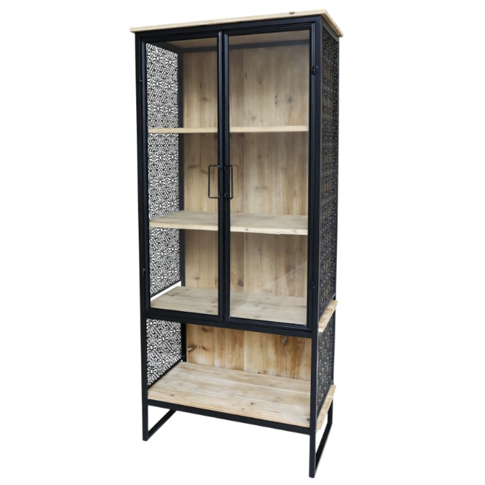 Armoire vitrine 4 étages en bois de sapin et ferre marron et noir 71 x 38.5 x 160 cm