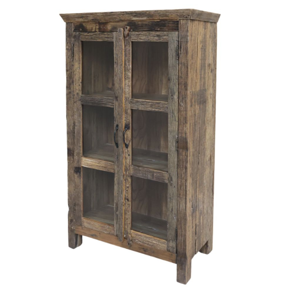 Armoire vitrine 2 portes en bois recyclé et verre 80 x 48 x 140 cm