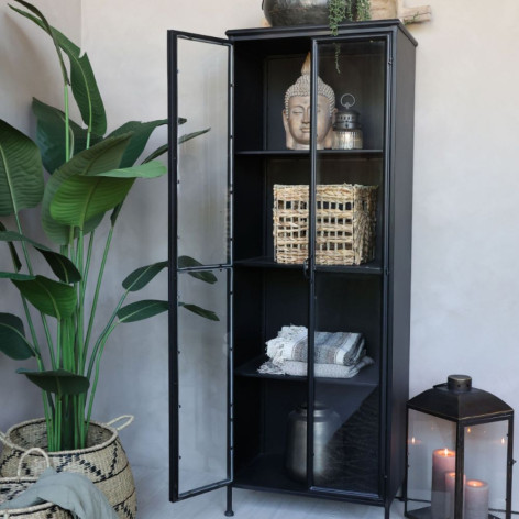 Armoire vitrine 2 portes en fer noir antique et verre 63.5 x 41.5 x 184 cm